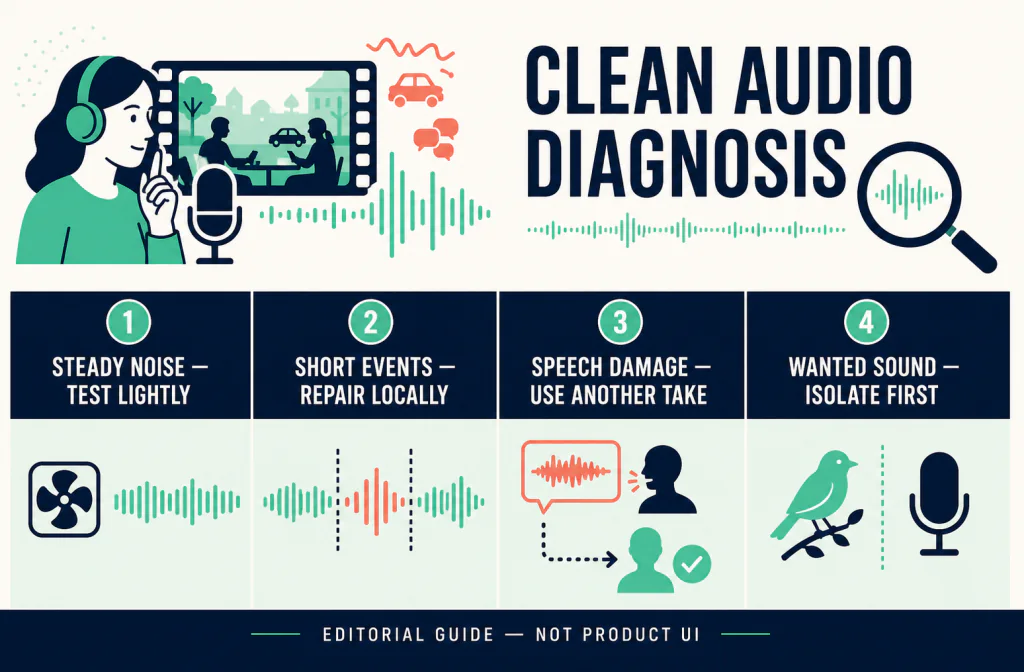 Editorial diagnosis guide matching steady noise, short events, speech damage, and wanted sound to cautious first actions
