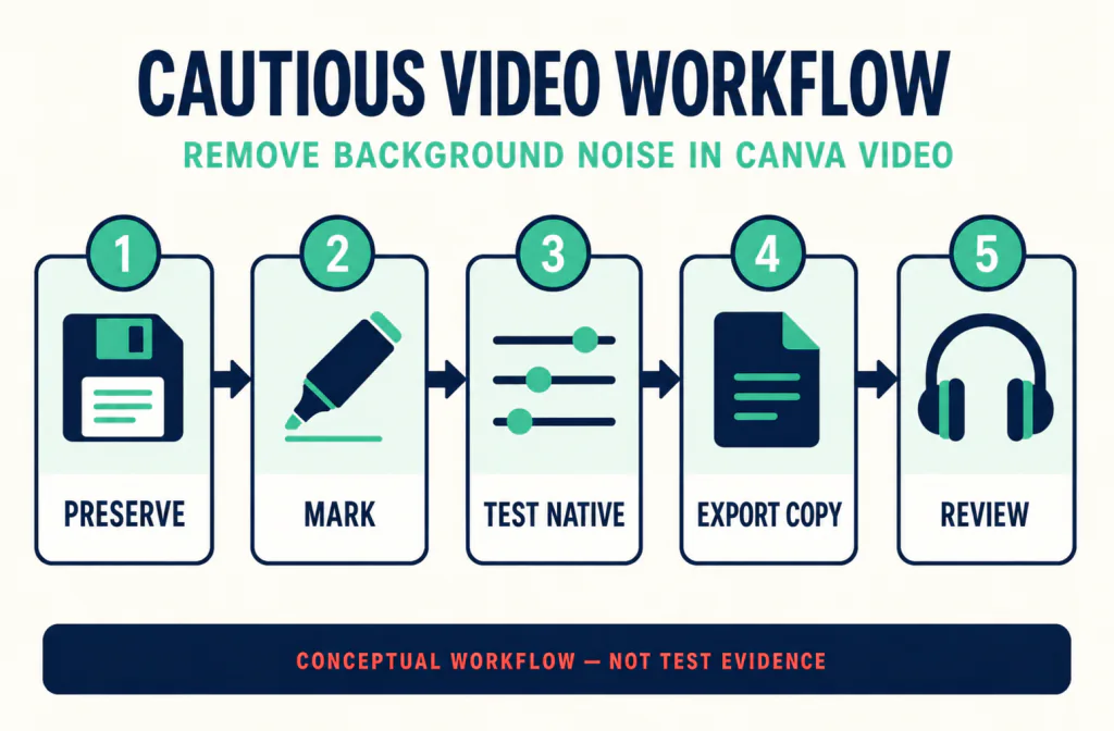 Five-step cautious video workflow to preserve the source, mark a passage, test native processing, export a copy, and review