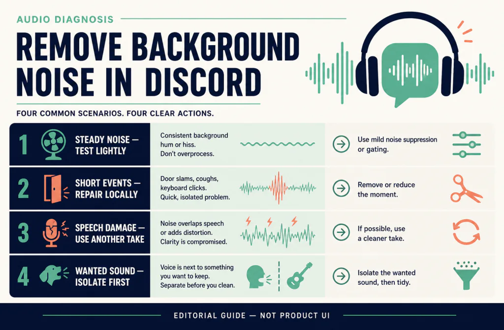 Editorial diagnosis guide matching steady noise, short events, speech damage, and wanted sound to cautious first actions