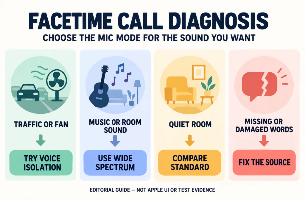 FaceTime call diagnosis guide matching traffic, fan noise, wanted music, quiet rooms, and damaged words to cautious mic-mode choices