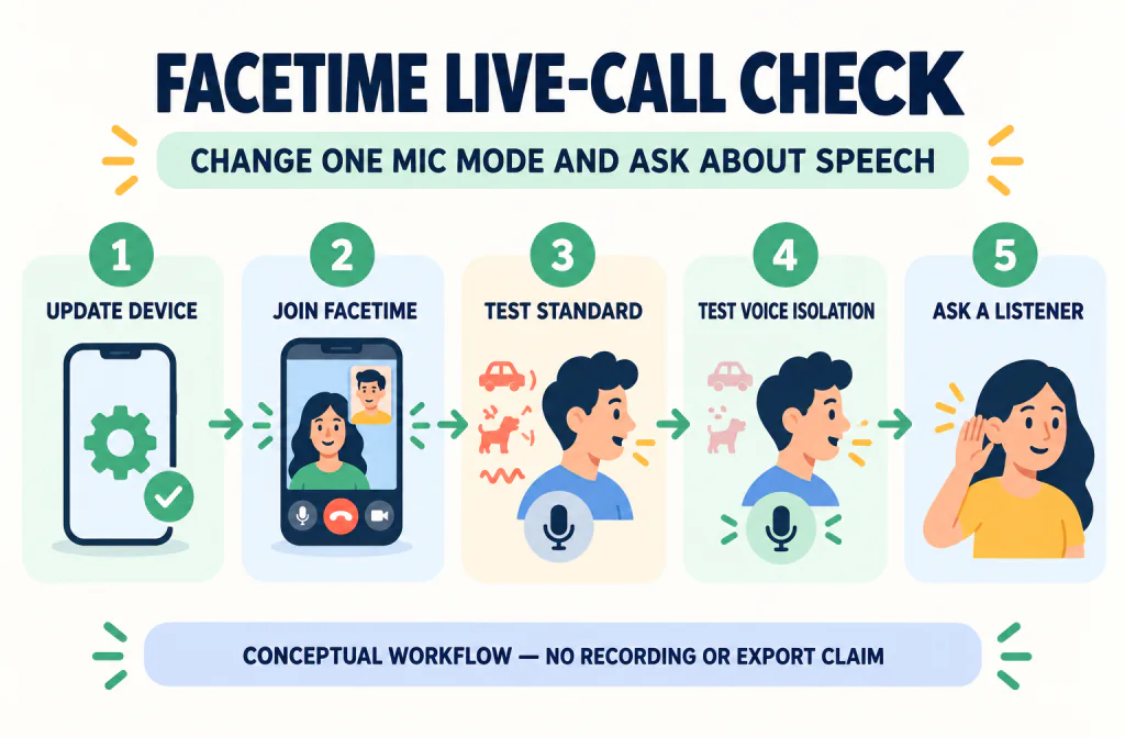 Five-step FaceTime live-call check to update the device, join FaceTime, test Standard and Voice Isolation, and ask a listener