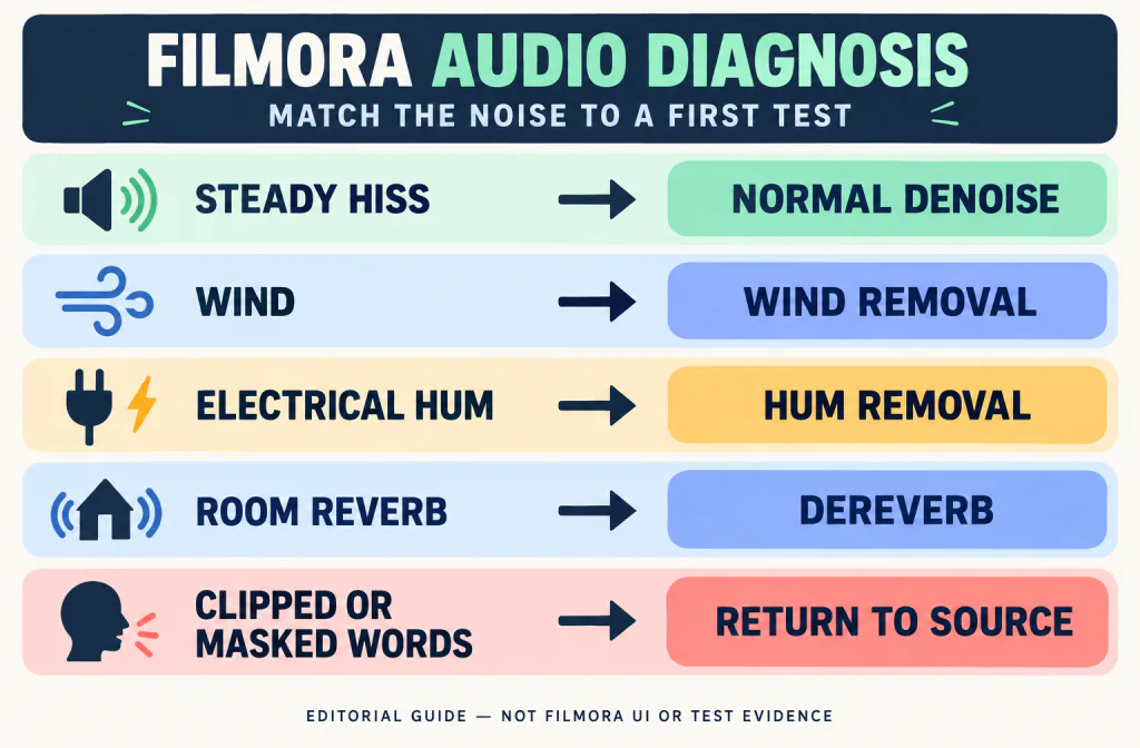 Filmora audio diagnosis guide matching steady hiss, wind, electrical hum, room reverb, and damaged words to cautious first actions