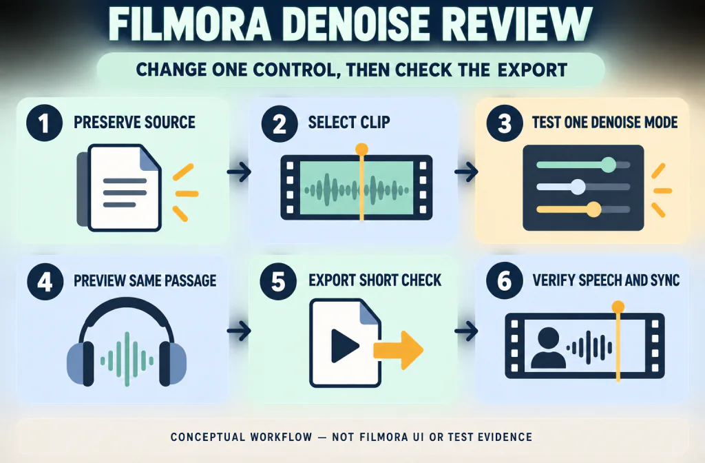 Six-step Filmora denoise review from source preservation through one-control testing and exported-file verification