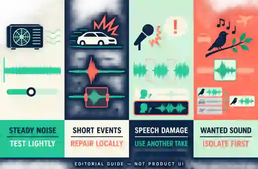 Final Cut Pro for iPad diagnosis guide matching steady noise, short events, damaged speech, and wanted sound to cautious first actions