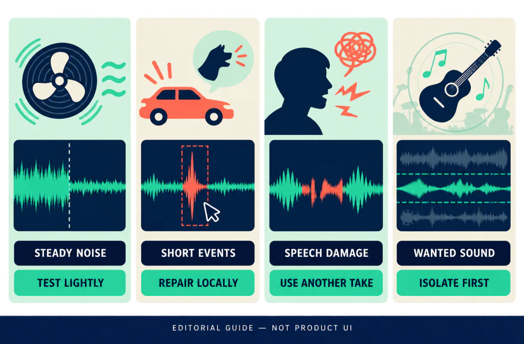 Diagnosis guide matching steady noise, short events, damaged speech, and wanted sound to cautious first actions