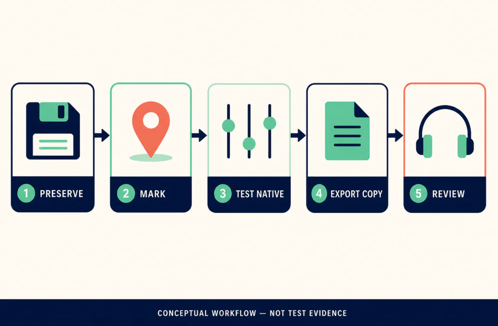 Five-step workflow to preserve a source, mark a passage, test native controls, export a copy, and review