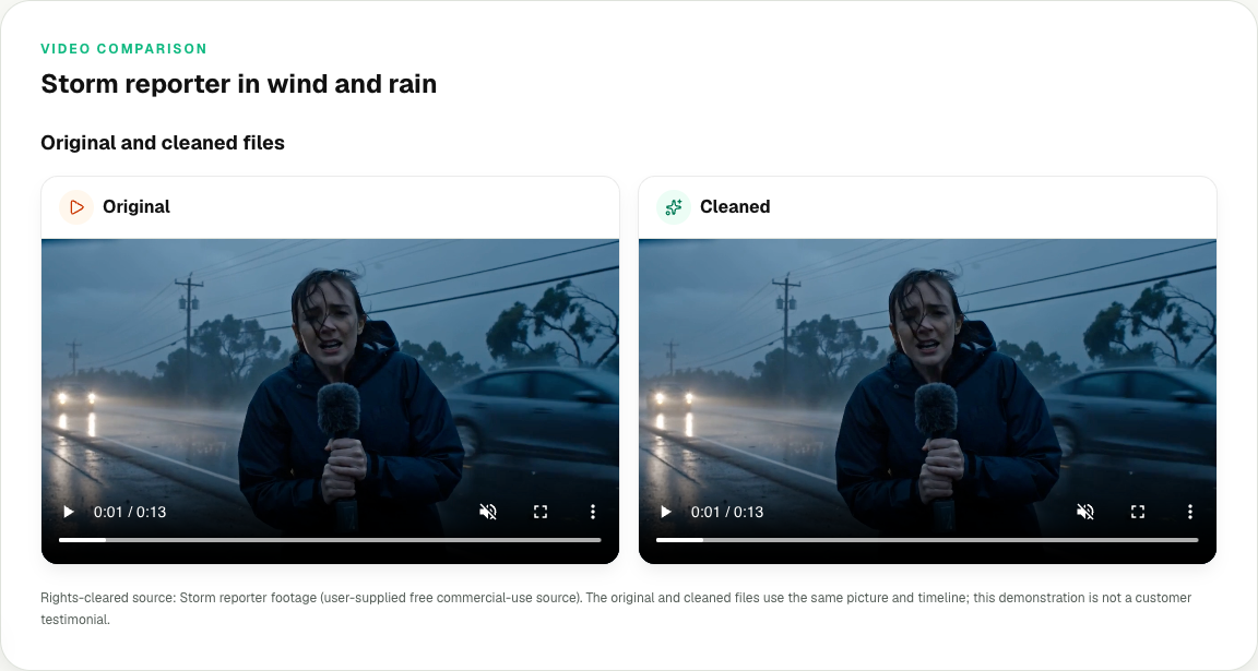 Noise Cleaner showcase with original and cleaned storm reporter videos side by side
