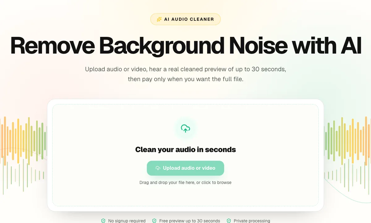 Noise Cleaner upload area for selecting an audio or video recording