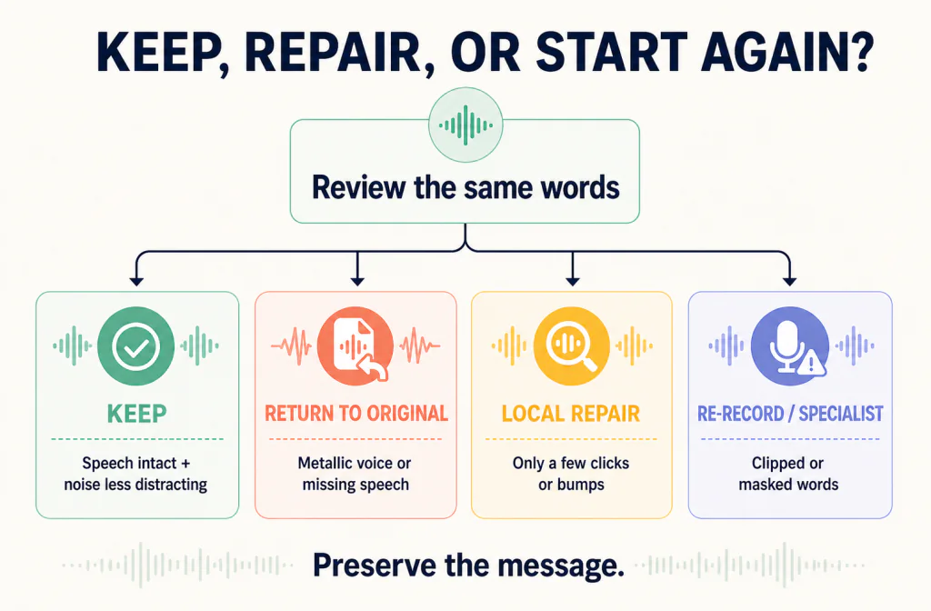 Decision guide for keeping, returning to the original, locally repairing, or re-recording a voice recording