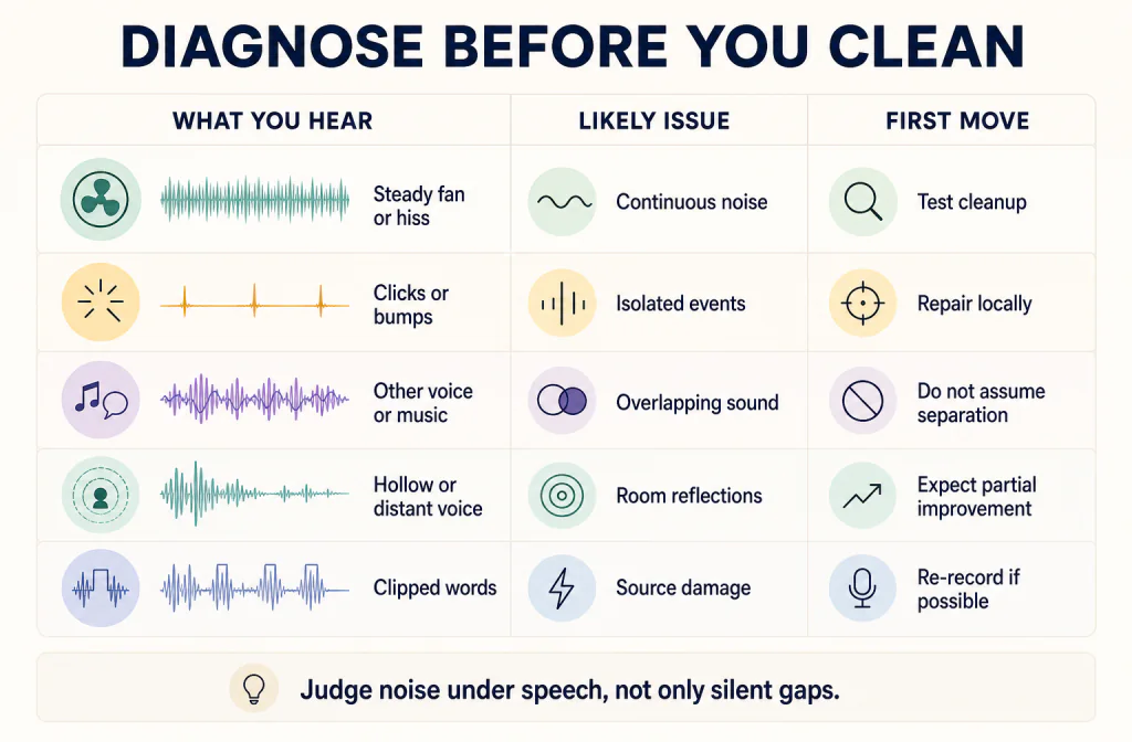 Diagnostic table mapping voice-recording sounds to likely issues and first cleanup decisions