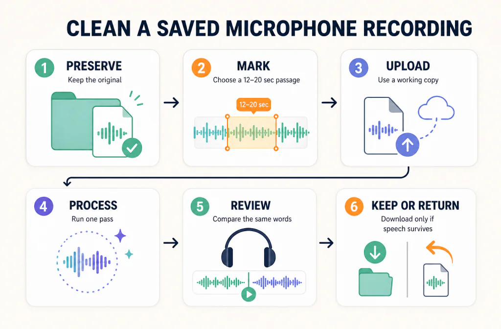 Six-step workflow to preserve, mark, upload, process, review, and keep or return a saved microphone recording