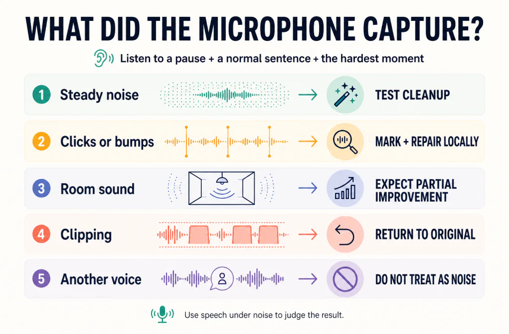 Microphone recording diagnosis guide for steady noise, clicks, room sound, clipping, and another voice