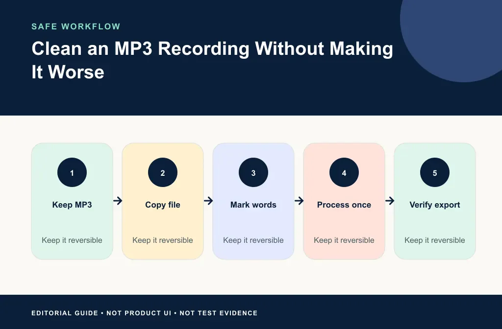 Editorial MP3 workflow for preserving the source, testing one copy, comparing the same words, and verifying the download