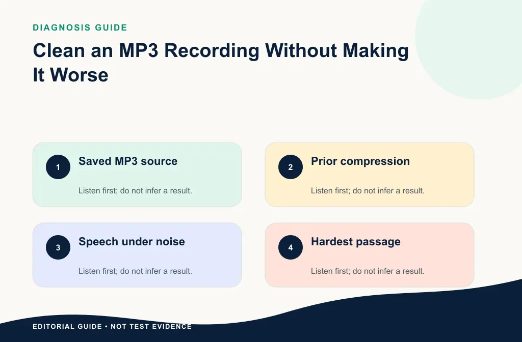 Editorial checklist for choosing the earliest MP3 source, marking a test passage, and avoiding unnecessary conversion