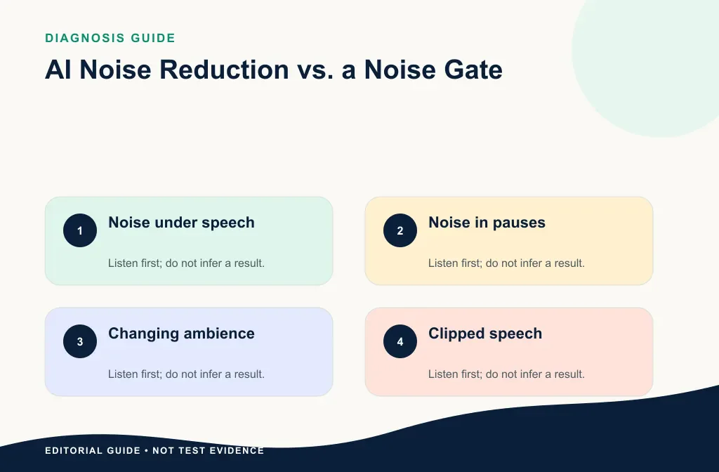 Editorial comparison matching steady noise, pause-only noise, clicks, and masked speech to a first repair method