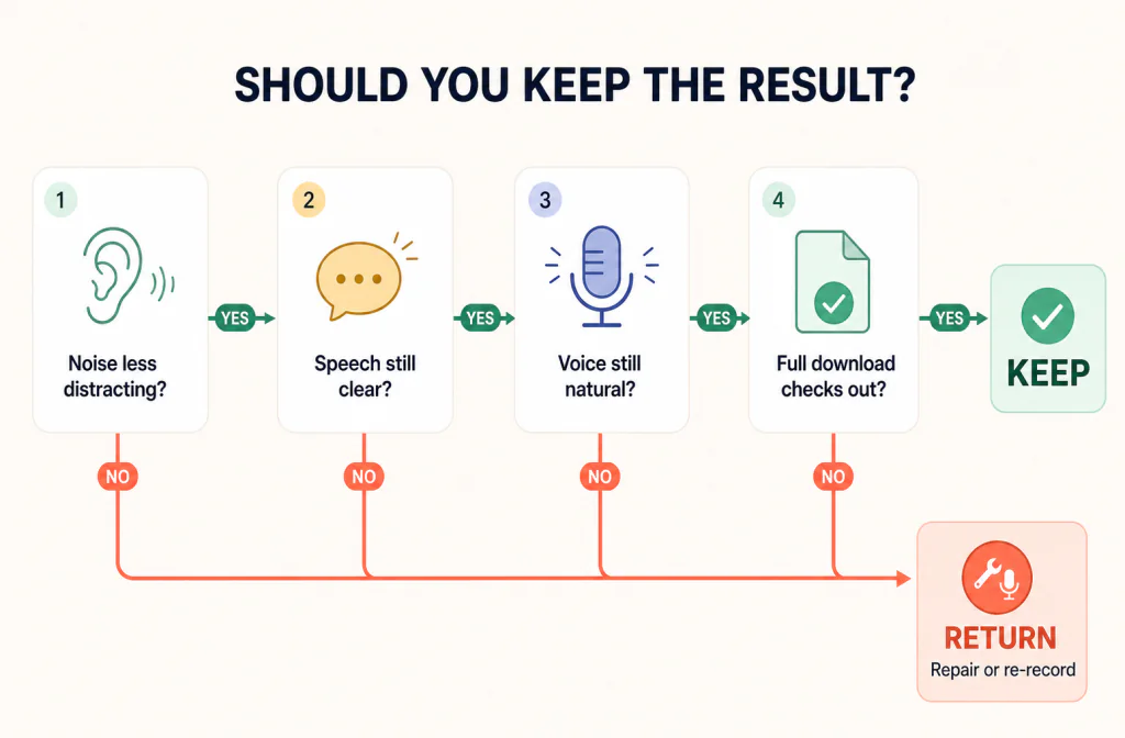 Decision flow for keeping a cleaned audio result only when noise, speech, voice, and the full download all pass review