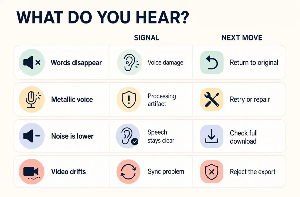 Diagnostic matrix mapping missing words, metallic voice, lower noise, and video drift to the next review action