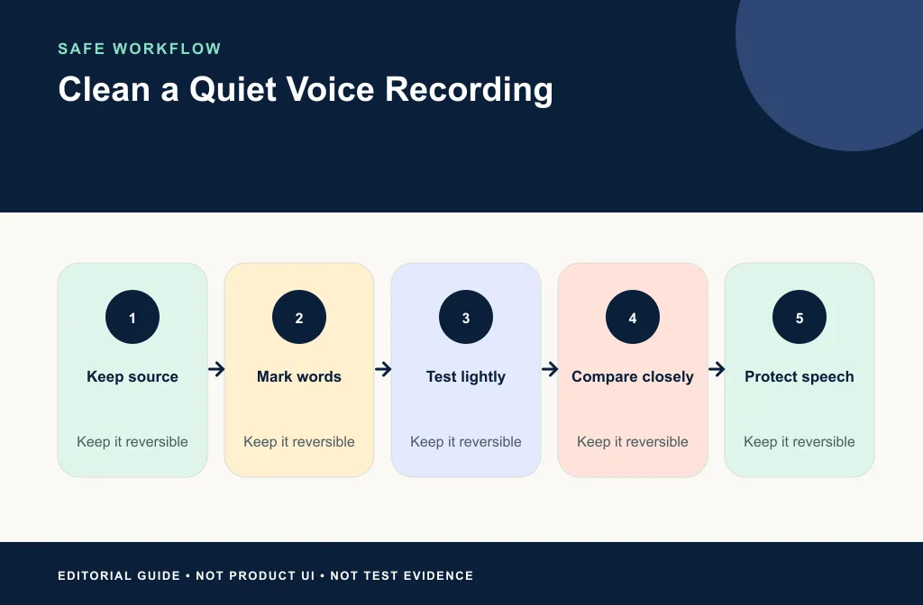 Quiet-voice workflow from diagnosis through matched cleanup review and partial-recovery decision