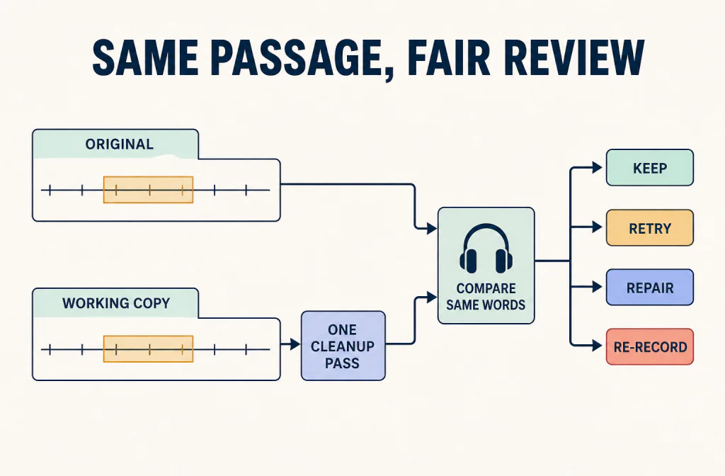 Conceptual workflow comparing the same passage from the original and one processed copy before choosing keep, retry, repair, or re-record