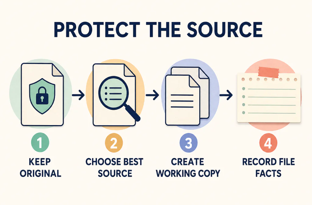 Four-step checklist to keep the original, choose the best source, create a working copy, and record file facts