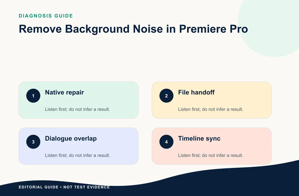 Premiere decision guide matching steady noise, hum, clicks, wind, and clipping to native or alternate paths