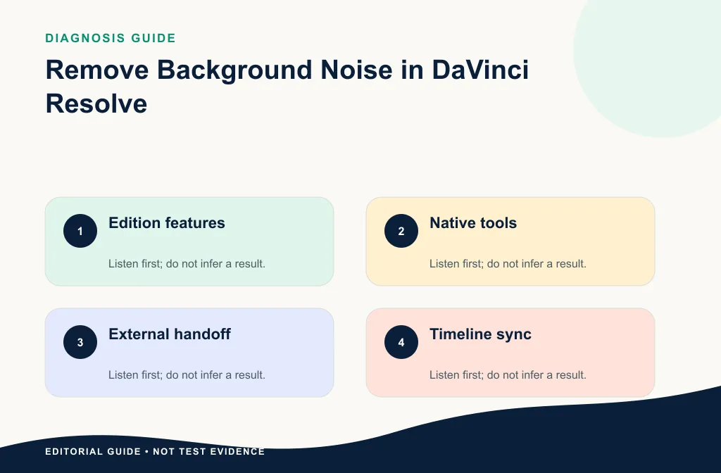Resolve decision guide separating native Voice Isolation, Fairlight repair, exported cleanup, and re-recording