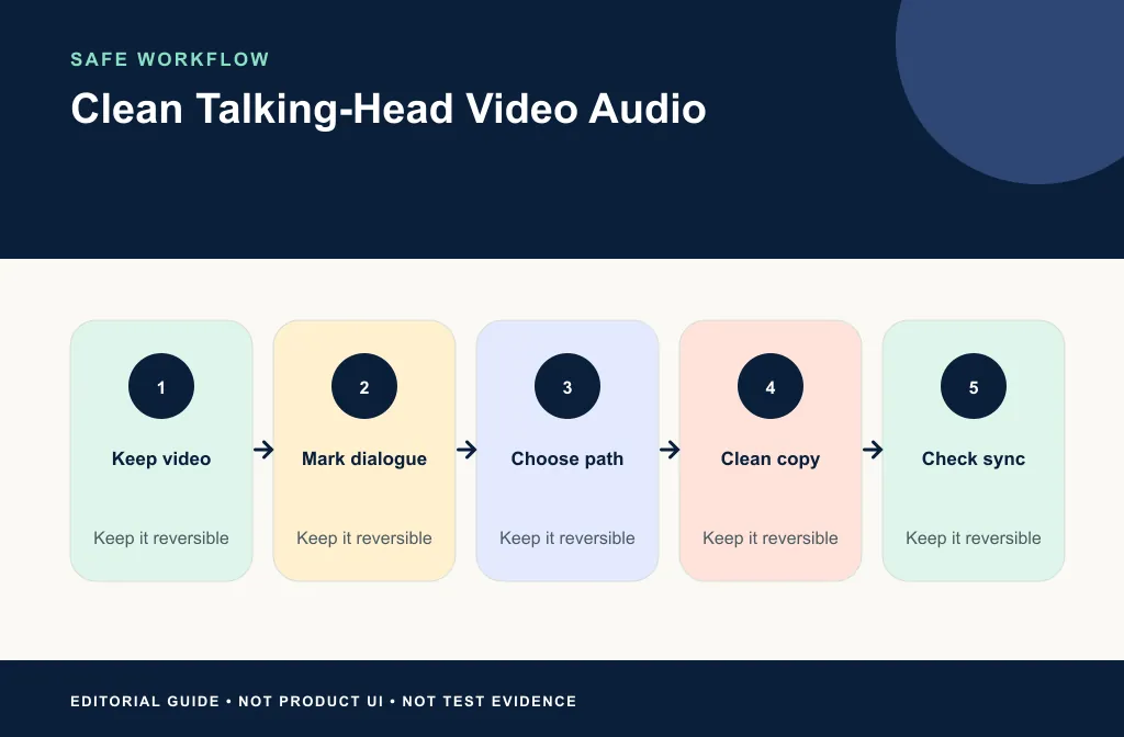 Talking-head workflow from original video to marked test, cleanup, sync review, and final export