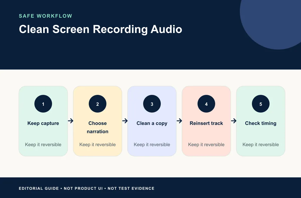 Screen-recording workflow from source copy through narration cleanup, sync review, and sharing export