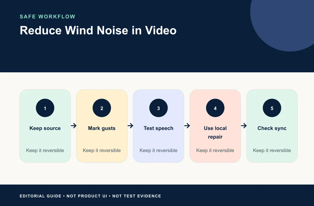 Wind-noise workflow from diagnosis through cleanup test, sync review, and keep-or-re-record decision