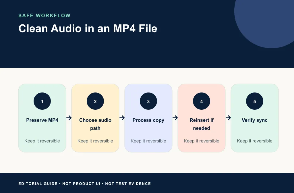 MP4 workflow showing direct-video and exported-audio branches with a shared sync review