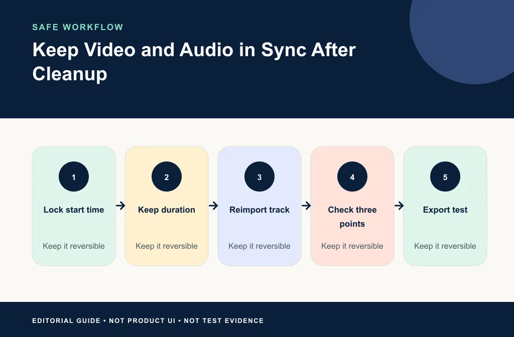 Sync-safe workflow from locked source through cleanup, reimport, three-point check, and test export